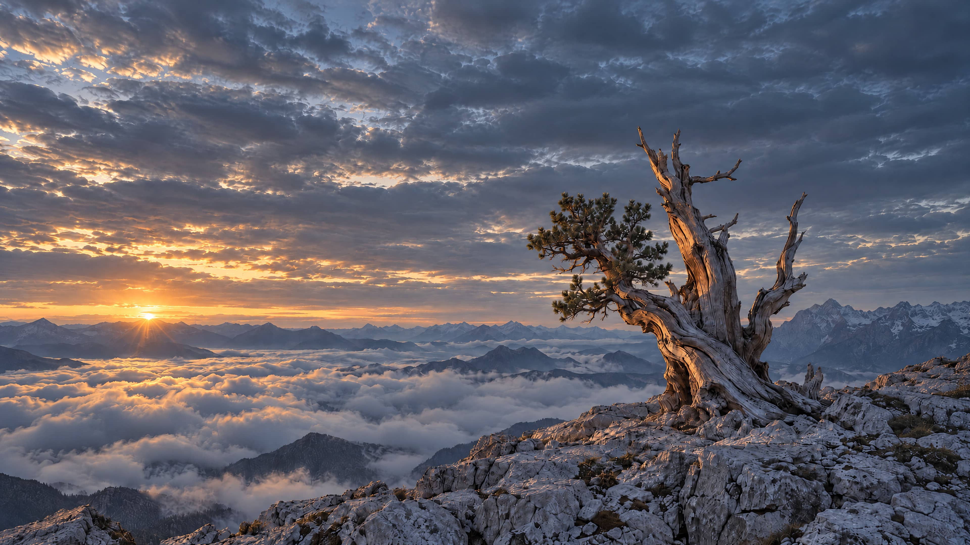 At first light, an ancient bristlecone pine stands alone on a high limestone ridge above a sea of cloud, the dawn catching its twisted trunk.