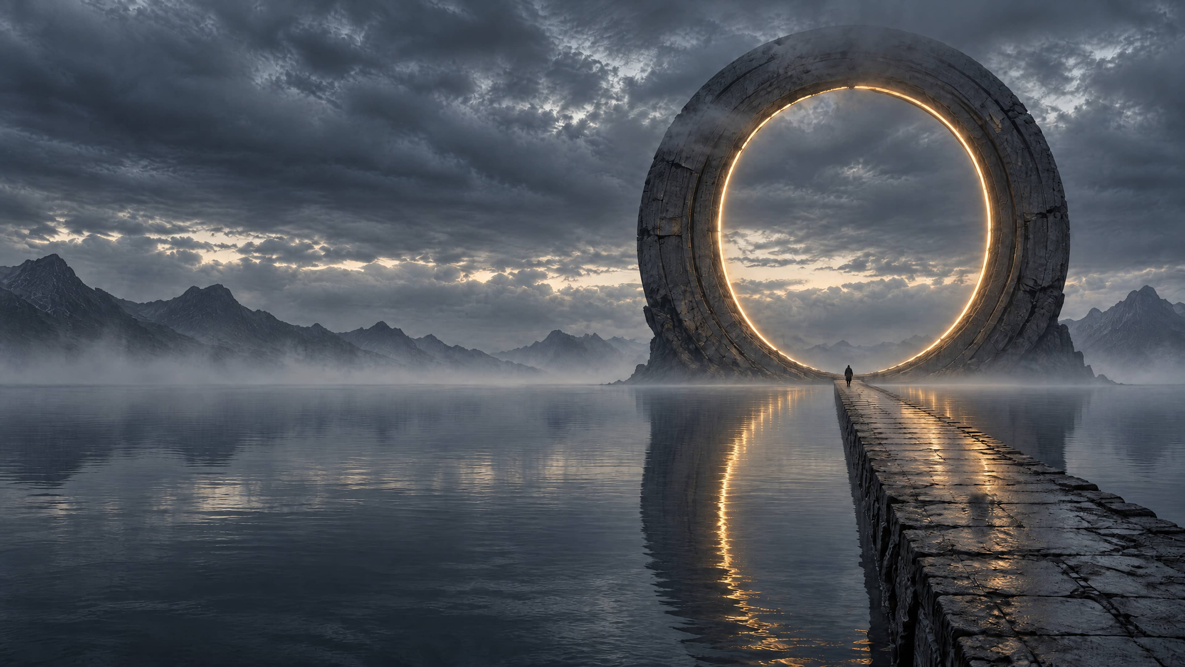 A lone explorer walks a stone causeway across still water toward a colossal stone ring whose inner edge glows gold.