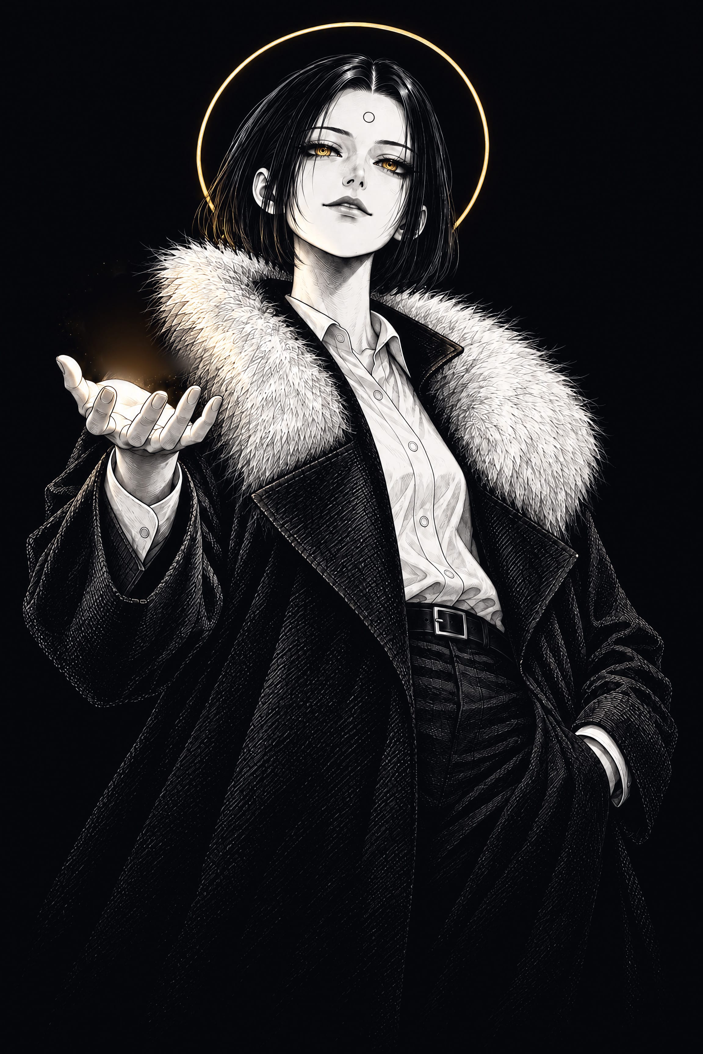 Ink drawing of a woman with a black bob, gold eyes and a gold halo, in a long black coat with a white fur collar, holding out her open palm.